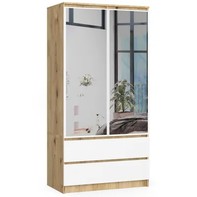 Produktbild von Kleiderschrank – Schlafzimmerschrank mit Kleiderstange – 90 cm – Artisan Eiche / Weiß – Funktionaler Drehtürenschrank mit Spiegel und 2 Schubladen