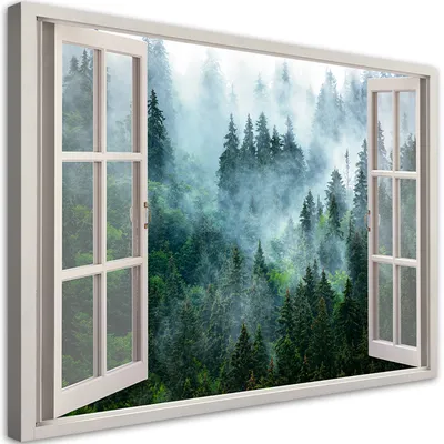 Produktbild von Leinwandbild Fenster Grüner Wald im Nebel Natur 120x80 Feeby Grün bild für die wand bereit zum aufhängen
