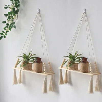 Produktbild von 2er Set Makramee Wandregal Holz Hängeregal Wandregal Boho Wanddeko Baumwollseil mit Holzperle Quasten Schweberegal Pflanzenregal Wall Shelf Balkon Wohnzimmer Schlafzimmer Kinderzimmer