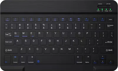 A black portable Bluetooth keyboard is shown from a top-down perspective on a light gray background.