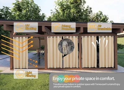 Zdjęcie produktu dla Zasłony zewnętrzne 213 x 132 cm - wodoodporne, kolor beżowy - osłona przeciwsłoneczna z przelotkami - idealne na balkon lub taras - Luxento