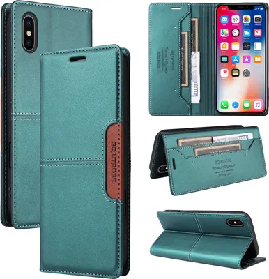 Immagine prodotto di Custodia per iPhone X/iPhone Xs, custodia flip wallet in pelle con slot per carte e supporto Verde