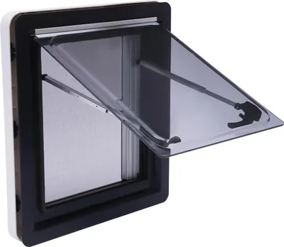 Zdjęcie produktu dla Okno do przyczep kempingowych - Aluminiowe okno wentylacyjne - 450 x 500 mm - Z zawiasem - Do przyczep kempingowych - Biały