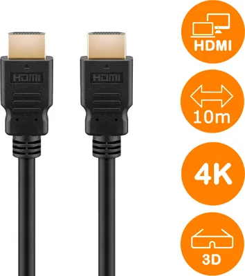 A product image of two HDMI cables on a white background, with informational graphics on the right.