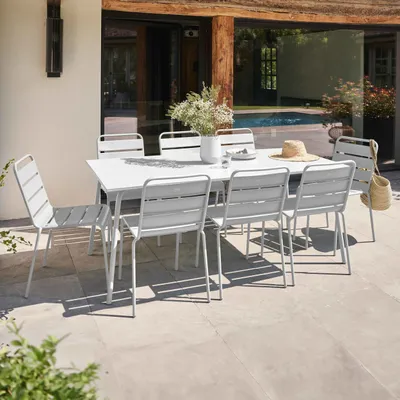 Produktbild von Gartentisch und 8 Stühle aus pulverbeschichtetem Stahl Weiß - Oviala Palavas