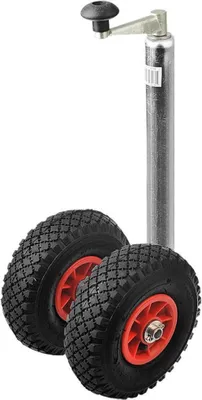 A close-up studio shot of a trailer jack wheel.