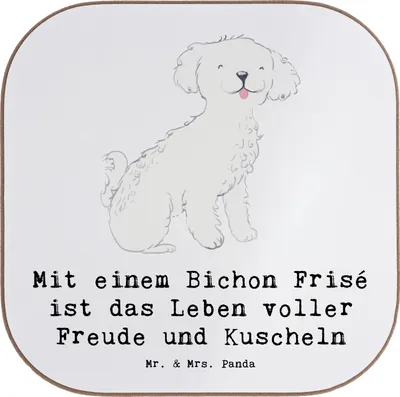 Produktbild von Mr. & Mrs. Panda Getränkeuntersetzer Bichon Frisé Freude - Weiß - Geschenk, Kuscheln, weiße Hunde, Untersetzer Glas, Holzuntersetzer, Liebenswert, für Gläser, Hund