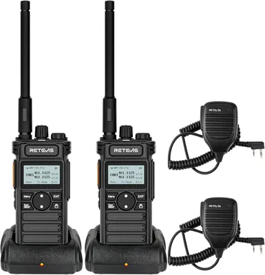 Two black Retevis walkie-talkies are shown in their charging docks, with two separate microphones to the right.