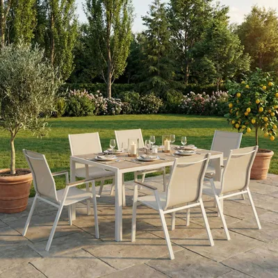 Produktbild von Gartenmöbel Set MONDELLO mit 6 Stühlen, Weiß - Gartentisch 150x90 cm mit 6 Gartenstühlen, Stahlgestell pulverbeschichtet, WPC-Tischplatte, Textilene Sitzfläche [max. Belastbarkeit 120 kg]