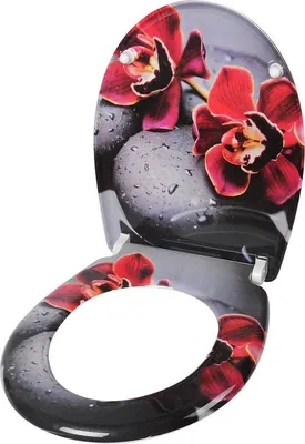 Zdjęcie produktu dla Pokrywa toaletowa Famanu, miękkie zamykanie, kształt "O", czarna z różowymi akcentami