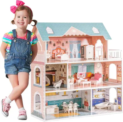 Produktbild von Holzpuppenhaus - Spielzeug - 3 Etagen - Balkon - 28 Zubehörteile - Für Kinder von 6–12 Jahren