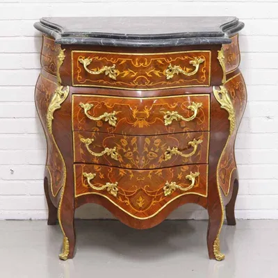 Image de Commode Casa Padrino style baroque, avec 4 tiroirs et plateau en marbre, en bois brun/doré/noir, dimensions : 80 x 45 x hauteur 85 cm
