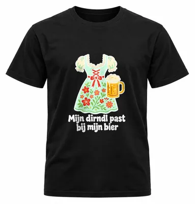 Productafbeelding van Speels Mijn dirndl past bij mijn bier T-shirt – Humoristisch typografisch ontwerp voor bierliefhebbers