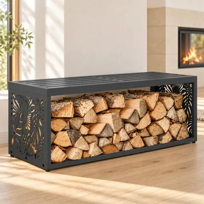 Produktbild von HAGO24 Feuerholzregal mit Sitzbank Anthrazit RAL 7016 verzinkter Stahl Kaminholzregal Brennholzregal Holzlager integrierte Sitzbank Kunststoff-Sitzfläche bis zu 220 kg belastbar