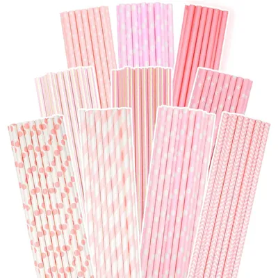 Papierstrohhalme 150 Stück, 10 Designs, 19,7 cm, rosa