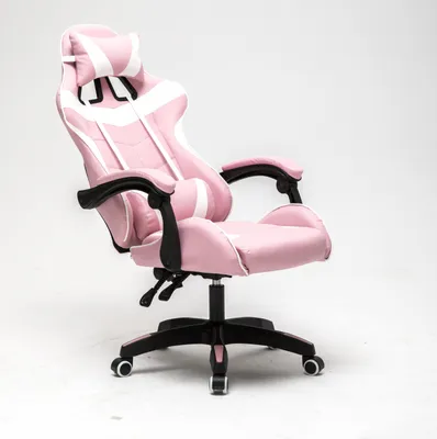 A pink and white gaming chair is shown against a white background.