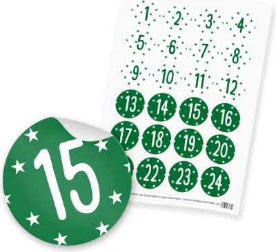 Produktbild von itenga 24x Zahlensticker Z38 Sterne 1-24 Dunkelgrün / Weiß