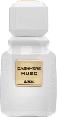A white perfume bottle with a gold label.