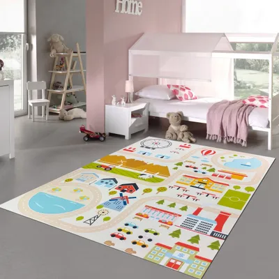 Image de Tapis antidérapant pour chambre d'enfant, motif urbain, couleur beige, dimensions : 120 x 160 cm