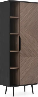 A tall, narrow cabinet with an open shelving section on the left and a closed door section on the right, set against a white background.