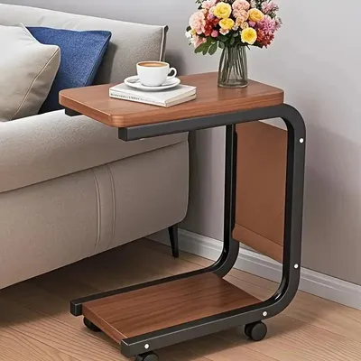 Immagine prodotto di Tavolino con rotelle - Da divano e da comodino - Con sacchetto portaoggetti - Acciaio inossidabile - Rettangolare - Stile retrò moderno - Marrone