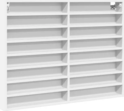A white, empty display cabinet with multiple shelves.