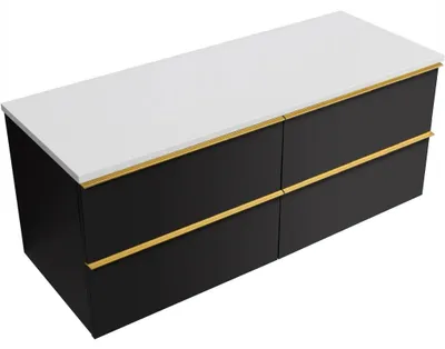Obrázok produktu pre CERANO – Kúpeľňová skrinka Velora – čierna matná, úchytka zlatá + doska z liateho mramoru Elanys – 12 mm – biela matná – 120 × 54,2 × 46,5 cm