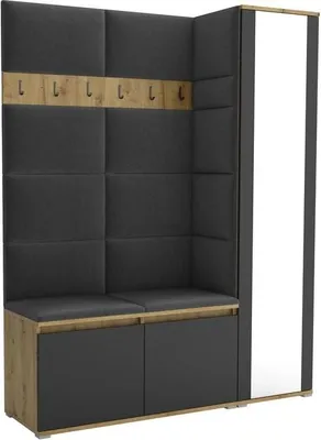 Produktbild von Garderoben-Set Noris VII mit Spiegel, gepolsterte Garderobe 145 cm, Flurmöbel mit Wandpaneelen, Schuhtruhen und Stauraum (Farbe: Artisan Eiche/Schwarz + Trinity 15)