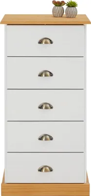 Produktbild von Kommode PARIS aus Kiefer massiv weiß/braun, schöne Schubladenkommode mit 5 Schubladen, praktische Mehrzweckkommode mit Muschelgriffe
