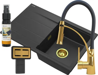 Produktbild von Waschbecken Granit Schwarz Wasserhahn Gold Zubehör Timor Set