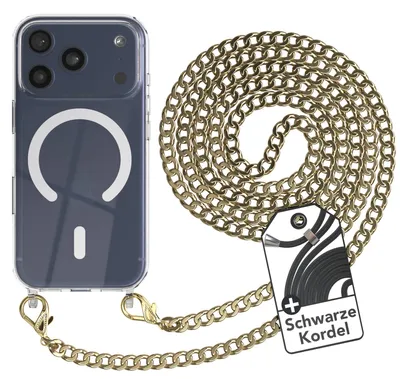 Produktbild von EAZY CASE Handykette kompatibel mit Apple iPhone 17 Pro Kette zum Umhängen aus Metall, Silikonhülle mit Band, stoßfest, mit MagSafe in Gold