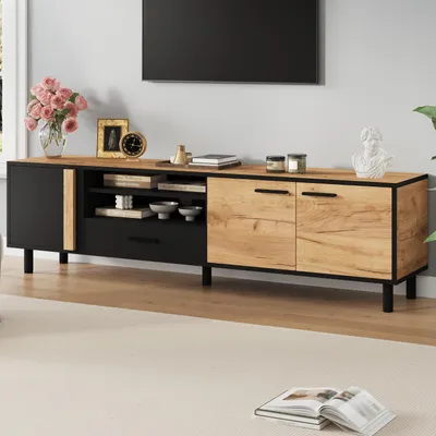Zdjęcie produktu dla Merax TV-Lowboard z 3 drzwiami i 1 szufladą, szafka pod telewizor TV-Board z 5 nóżkami i naturalnym usłojeniem drewna, stolik pod telewizor do 80 cali, drewno + czerń