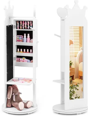 Imagen del producto de Espejo giratorio de 360° para niños, armario 4 en 1 con espejo y perchero para ropa, organizador de joyas para niñas en blanco, ideal para niños a partir de 3 años