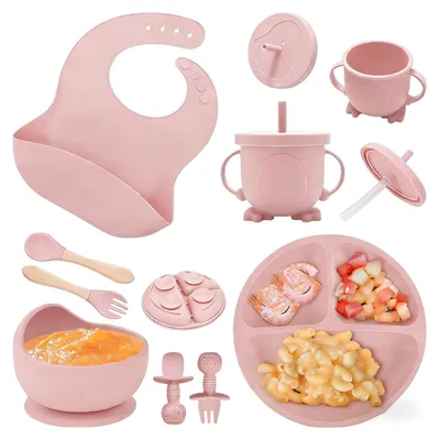 Immagine prodotto di Omgoods - Set di 8 posate rosa per bambini con sottopiatti antiscivolo