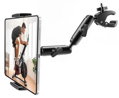 Produktbild von Doppelarm Tablet Halterung für Laufband & Fahrrad, Aluminium Klemme, 4-13" Geräte, Schwarz