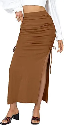 Produktbild von ASKSA Damen Sexy Maxirock Röcke mit Schlitz Hohe Taille Casual Rock Hüfte Freizeitrock Skirt, Khaki, L