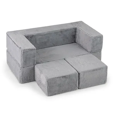 A gray modular children's sofa with two ottomans in front of it, set against a white background.