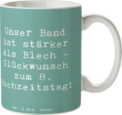 Produktbild von Mr. & Mrs. Panda Kaffeetasse Spruch 8. Hochzeitstag Blechhochzeit - Meeresbrise - Geschenk, Jubiläum, romantische Geschenke, Liebe, Tasse mit Motiv, Glückwunsch zum