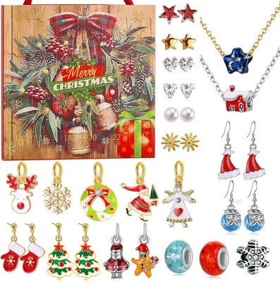 Imagen del producto de Calendario de adviento de joyería 2023 - Set de 24 piezas - Para niñas de 2022, incluye collar, anillos, pendientes, dijes y cuentas