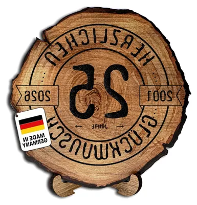 Produktbild von Gravierte Baumscheibe zum 25. Jubiläum – Geschenk aus Holz für Firmenjubiläen – Holzgeschenke mit Gravur für Dienstjubiläen – Dicke 6mm, Durchmesser 20cm