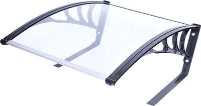 A transparent awning with black and silver framing, shown against a white background.