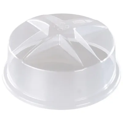 A clear, studio shot of a transparent microwave cover.