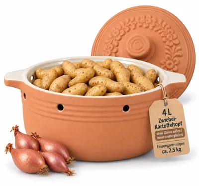 Produktbild von KERAZO 4 Liter Kartoffeltopf rund aus Steingut Keramik mit Deckel, Zwiebeltopf Vorratstopf Gemüsetopf, natur/creme