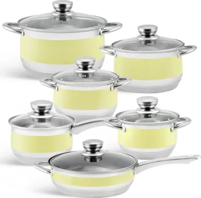 A set of five stainless steel pots with yellow and white accents, arranged on a white background.