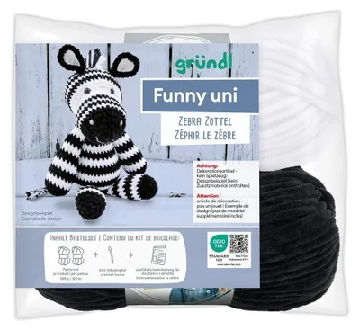 Produktbild von Gründl Funny uni Häkelset,Häkeltier,2 x100g Funny uni Chenillegarn, 1 Häkelnadel +Anleitung Deutsch Zebra Zottel