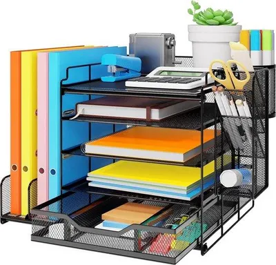 Produktbild von Büroorganizer mit Aktenhals, 5-Fach-Büromappe mit Ladefächern und 2 Kugelschreiberhaltern, Mesh-Bürodokumentenorganizer mit Zeitschriftenhalter für den Heimgebrauch, Bürobedarf, schwarz