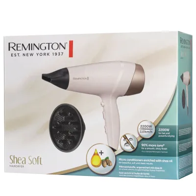 The image shows the packaging of a Remington hairdryer, featuring a picture of the product and its key features.