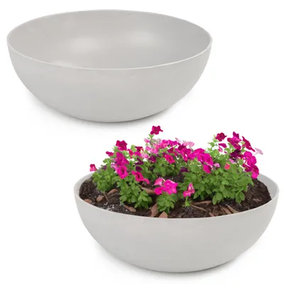Immagine prodotto di Fioriera rotonda bulbosa da 25 cm per esterni, grigio chiaro marmorizzato
