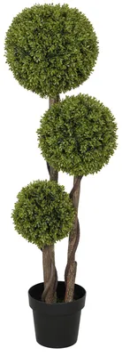 Produktbild von Künstlicher Buchsbaum 115 cm mit 3 Kugeln - Naturgetreuer Kunstbaum im Zementtopf - Pflegeleichte Dekopflanze für Indoor & Outdoor