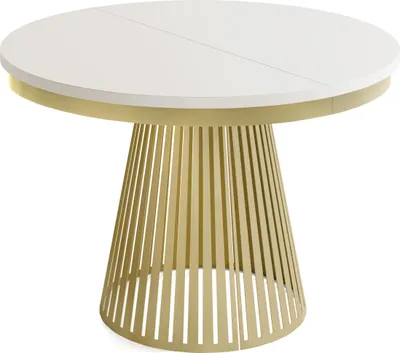 Produktbild von Esstisch Rund Ausziehbar mit Lamellen im Loft-Stil – 100 bis 180 cm – Industrieller Tisch mit Metallbeinen in Gold, Platzsparend für Wohnzimmer oder Esszimmer – Beige-Grau Kaschmir
